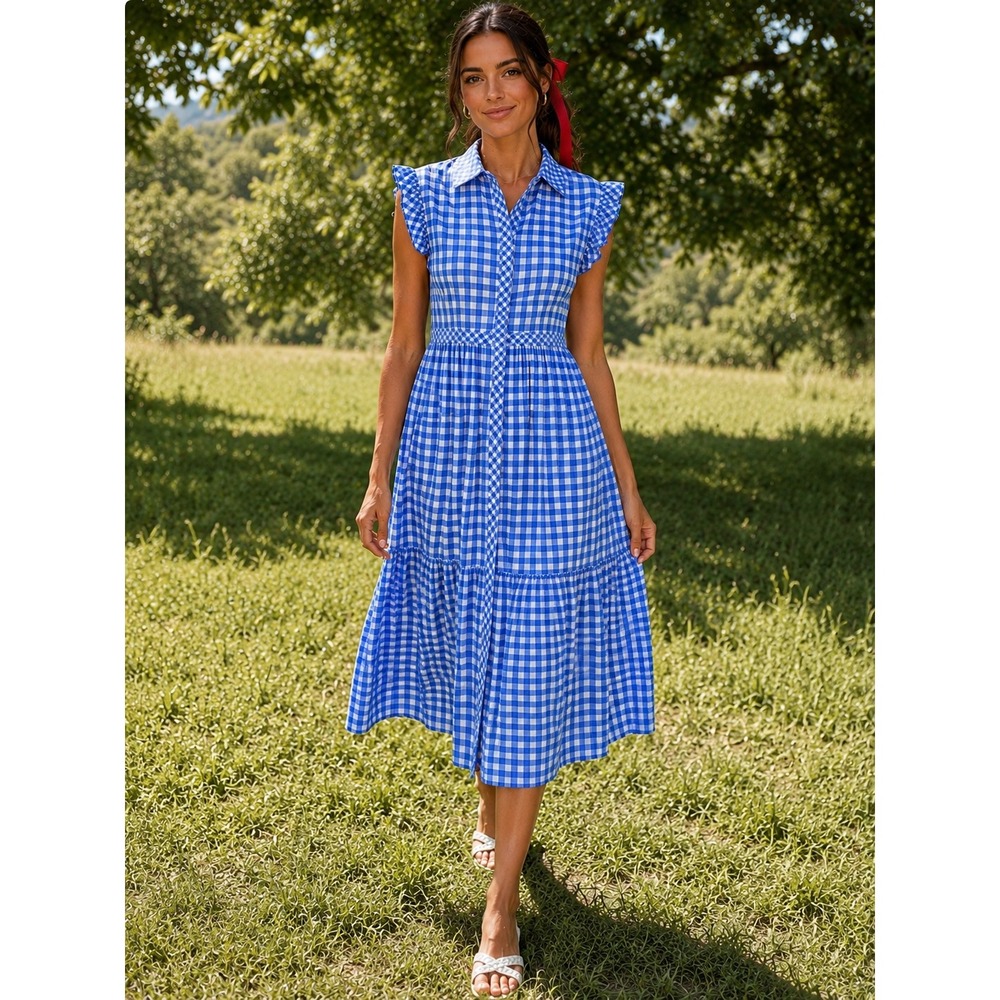 Draper James Patio Shirtdress Blue Gingham Flutter Sleeve Midi Dress 8 Medium - Picture 4 of 8